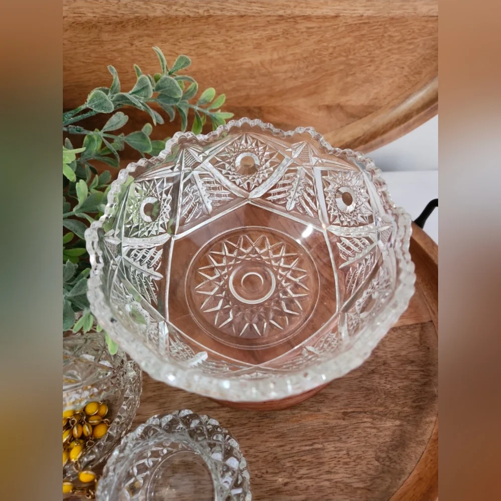 Vintage EAPG Clear Cut Glass Starburst Bowl Hobnail Trinket Box Votive Holder